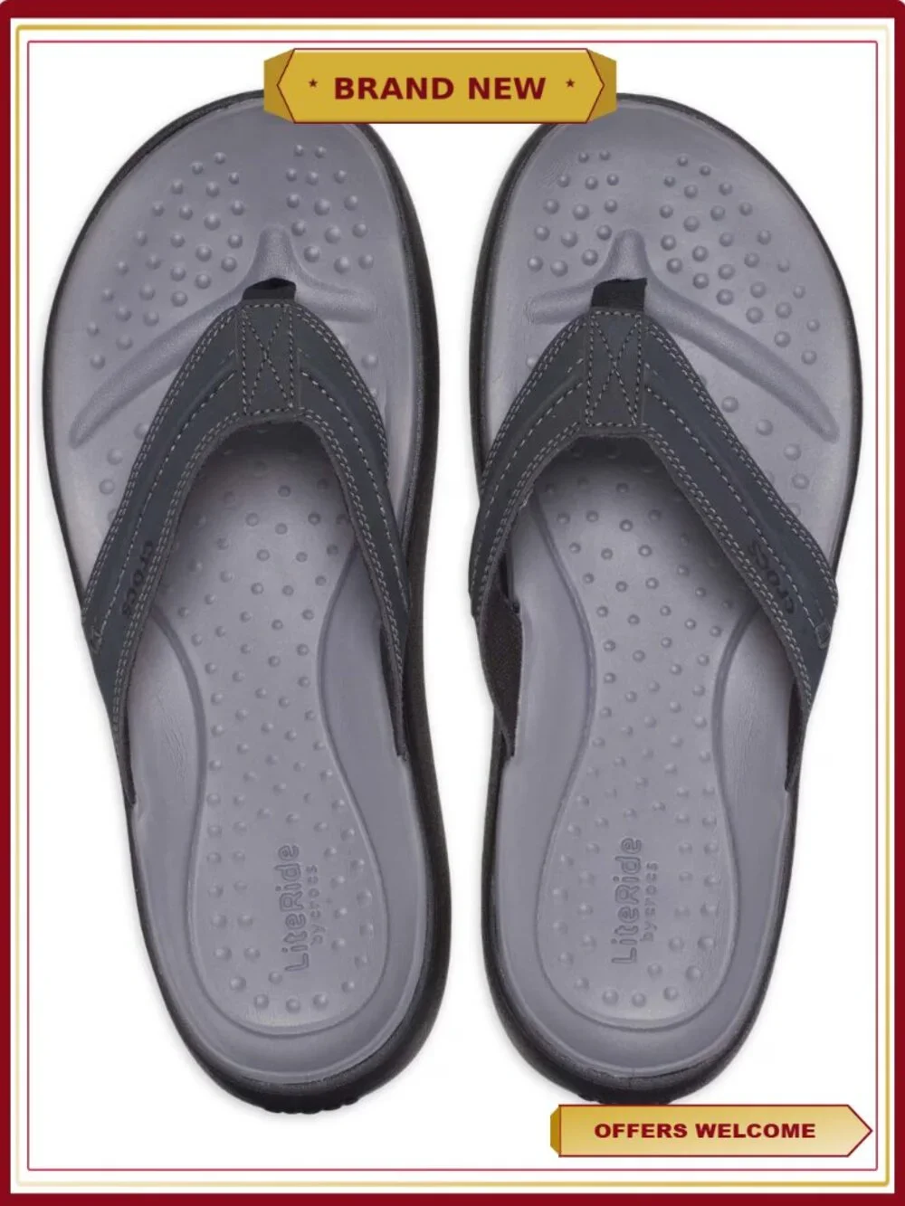 Men's Faux Leather Stitched Flip-Flop Sandals with LiteRide Footbed
